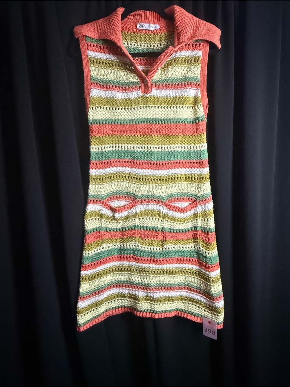 Zara Coral, Yellow, Green & White Striped Crochet Polo Dress